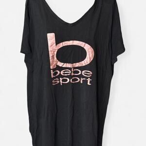 Bebe Sport 3X Plus Size Black Rose Gold Logo V-Neck Mesh Back Activewear Tee